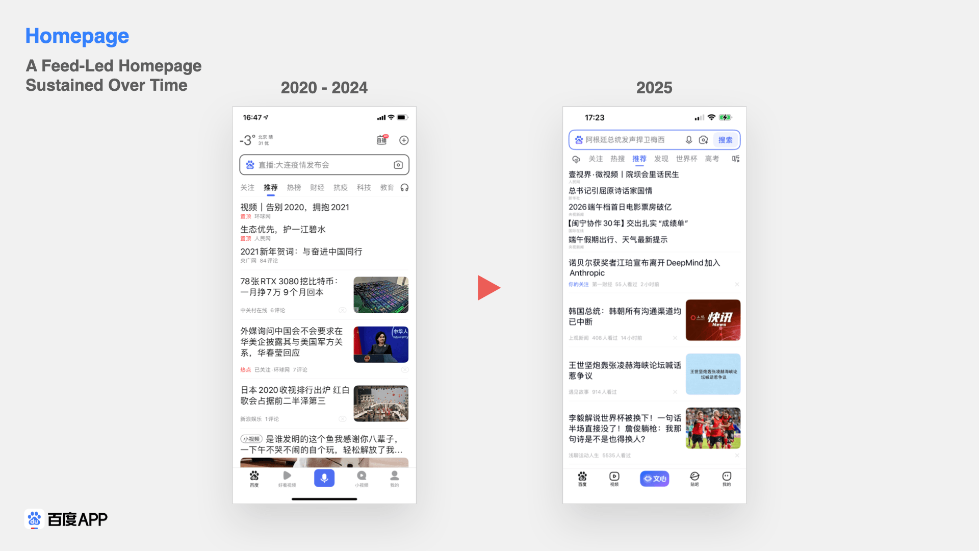 Baidu App feed-led homepage sustained from 2020 to 2026