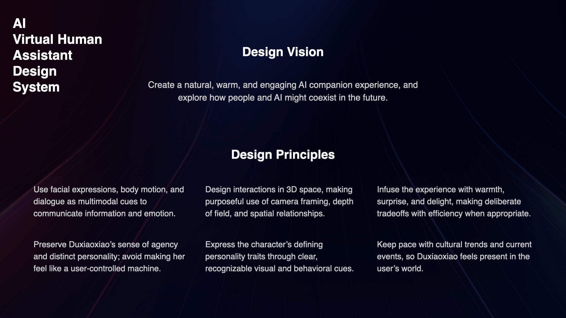 AI virtual human assistant design vision and principles